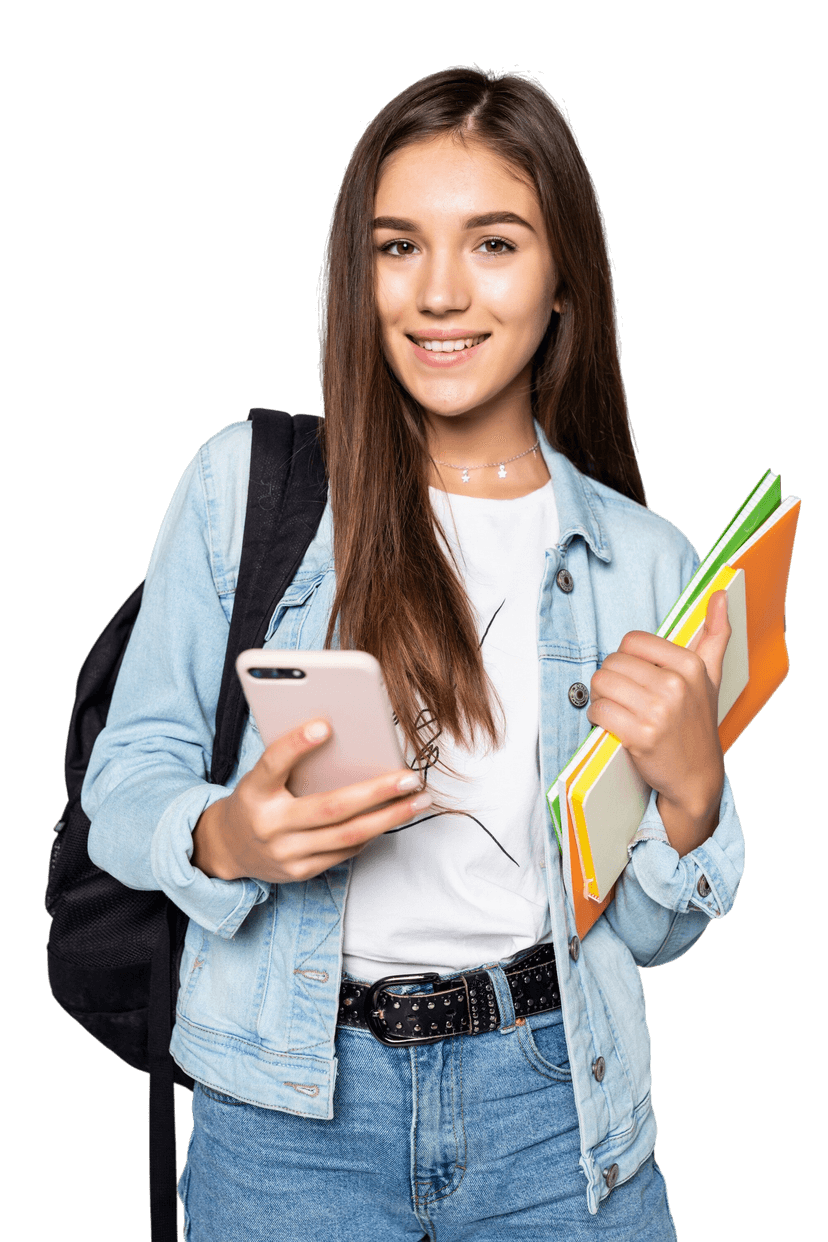 A happy young woman standing with a backpack and holding books